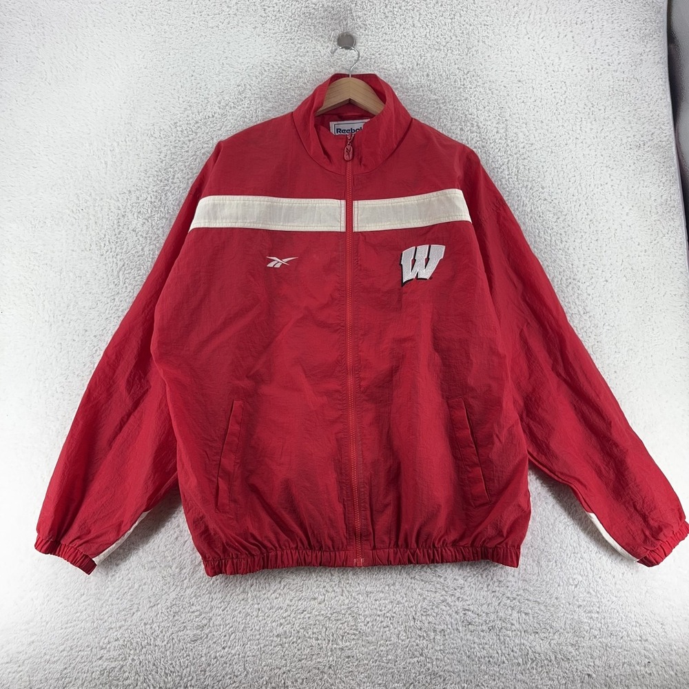 Wisconsin Badgers Jacket‎ Mens Large Reebok Red White NCAA Football Windbreaker